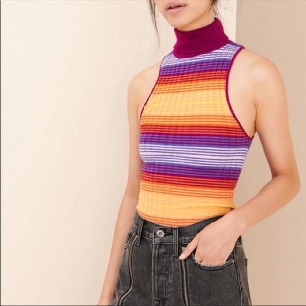 Urban Outfitters Janet Sleeveless Turtleneck Fitted‎ Multicolor Tank Top Sz XS